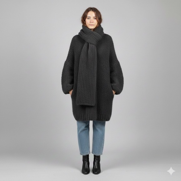 Vintage Sweaters - Handmade Gray Chunky Knit Long Cardigan w/ Attached Scarf - Medium